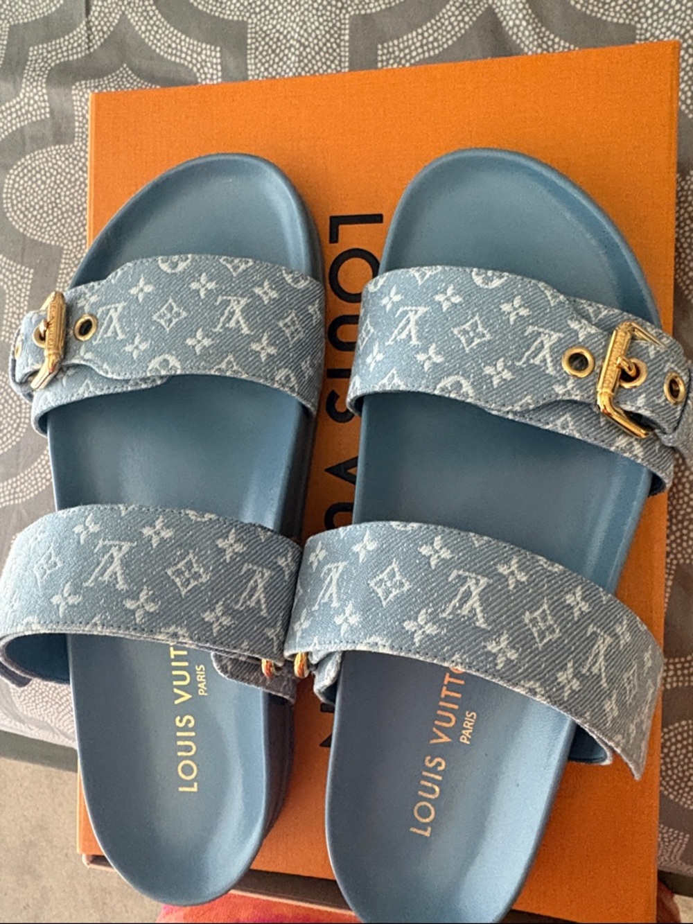 Louis Vuitton Light Blue Monogram Denim Double-Strap Slides
Can ship next day